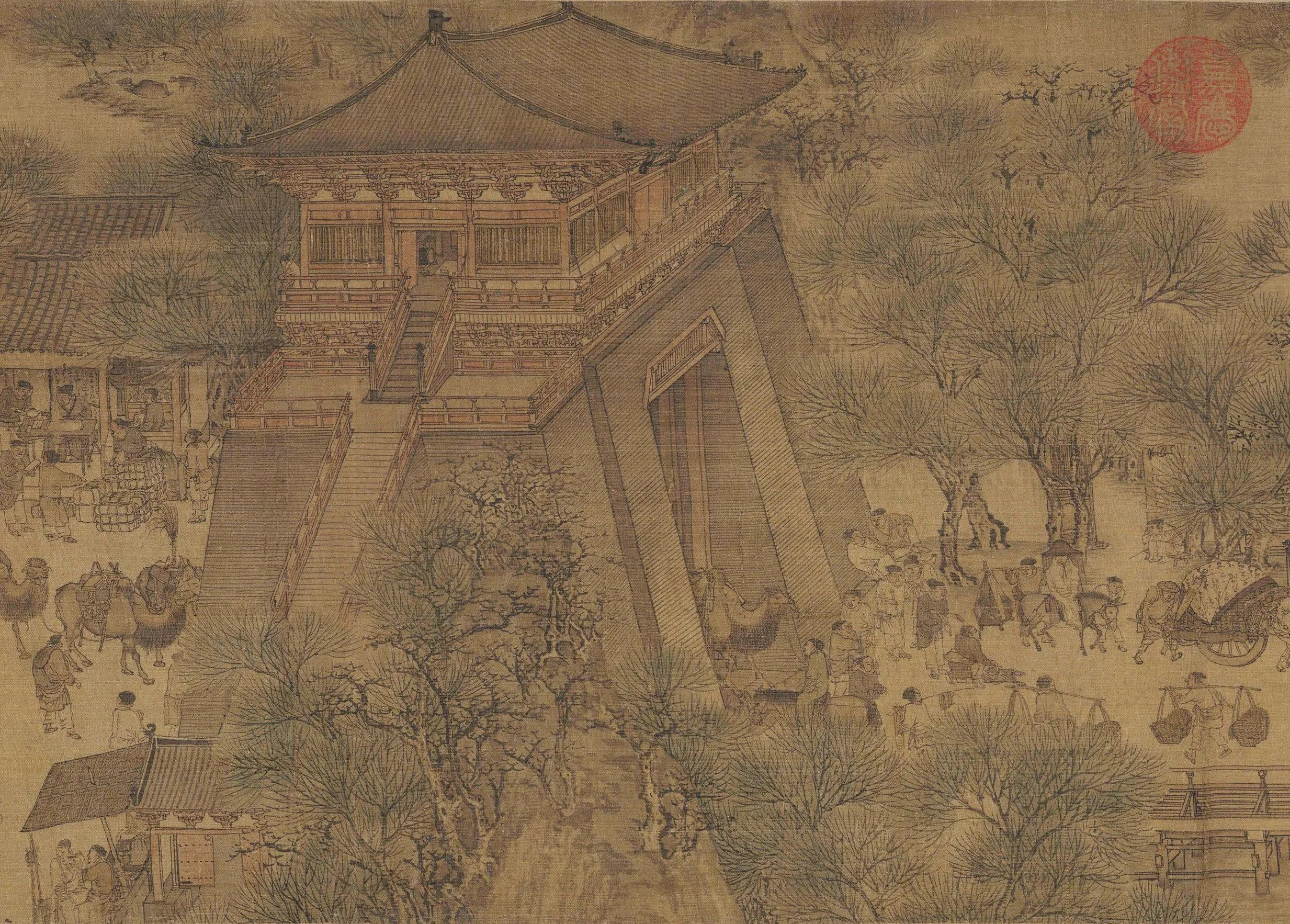 A city-gate detail from Along the River During the Qingming Festival, evoking the seasonal and ritual world around Qingming
